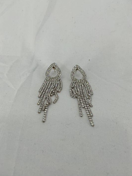 Silver rhinestone long tassel earrings