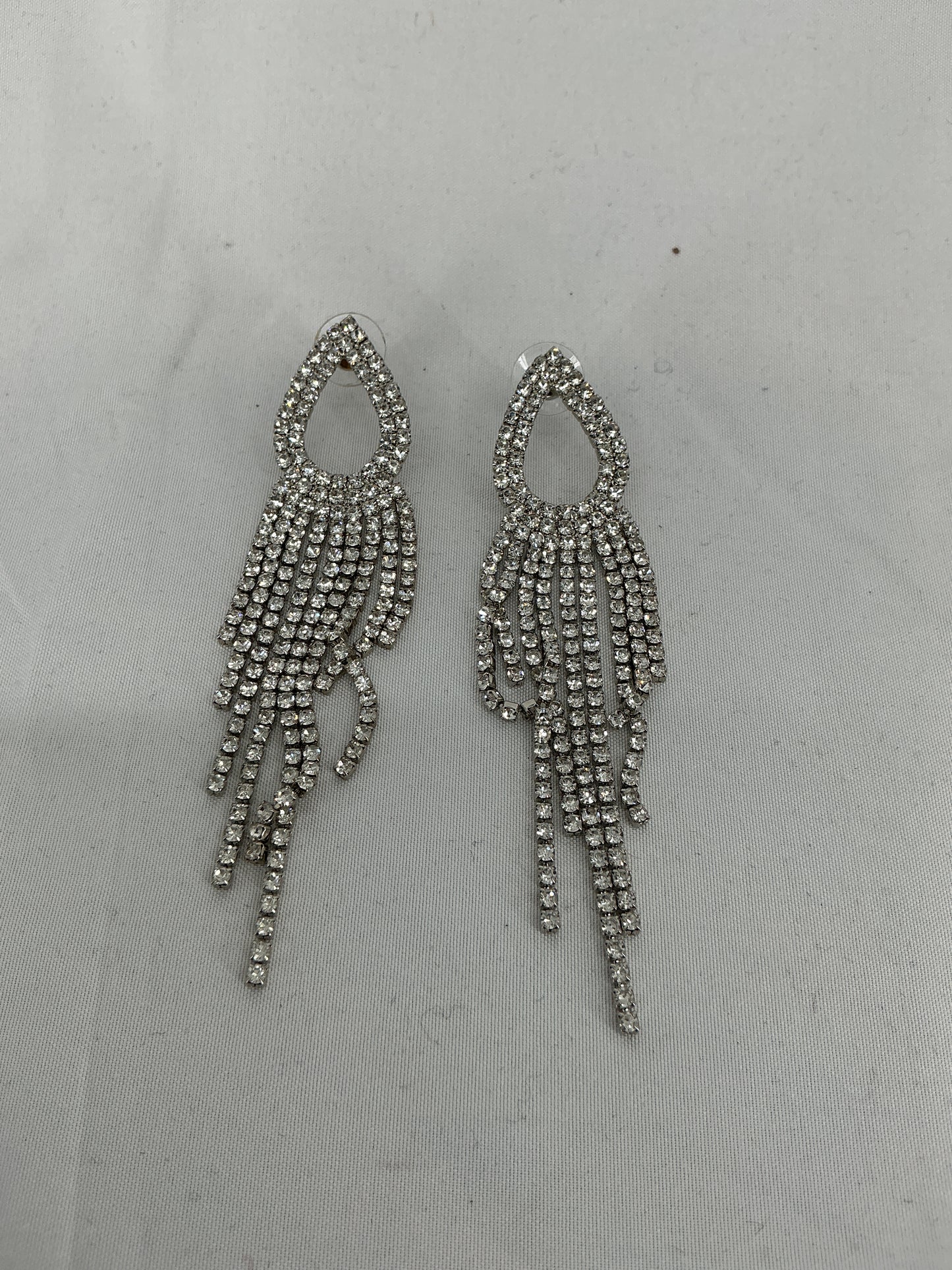 Silver rhinestone long tassel earrings