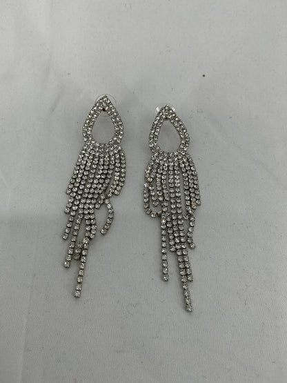 Silver rhinestone long tassel earrings