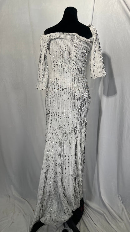 LEIGE Long Sleeve Evening Dreses o-Neck Formal Gowns Sequin Long Sleeved Ladies Annual Meeting (Color : Silver) Size S