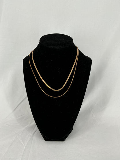 Gold double-layered snake bone and thin square chain necklace