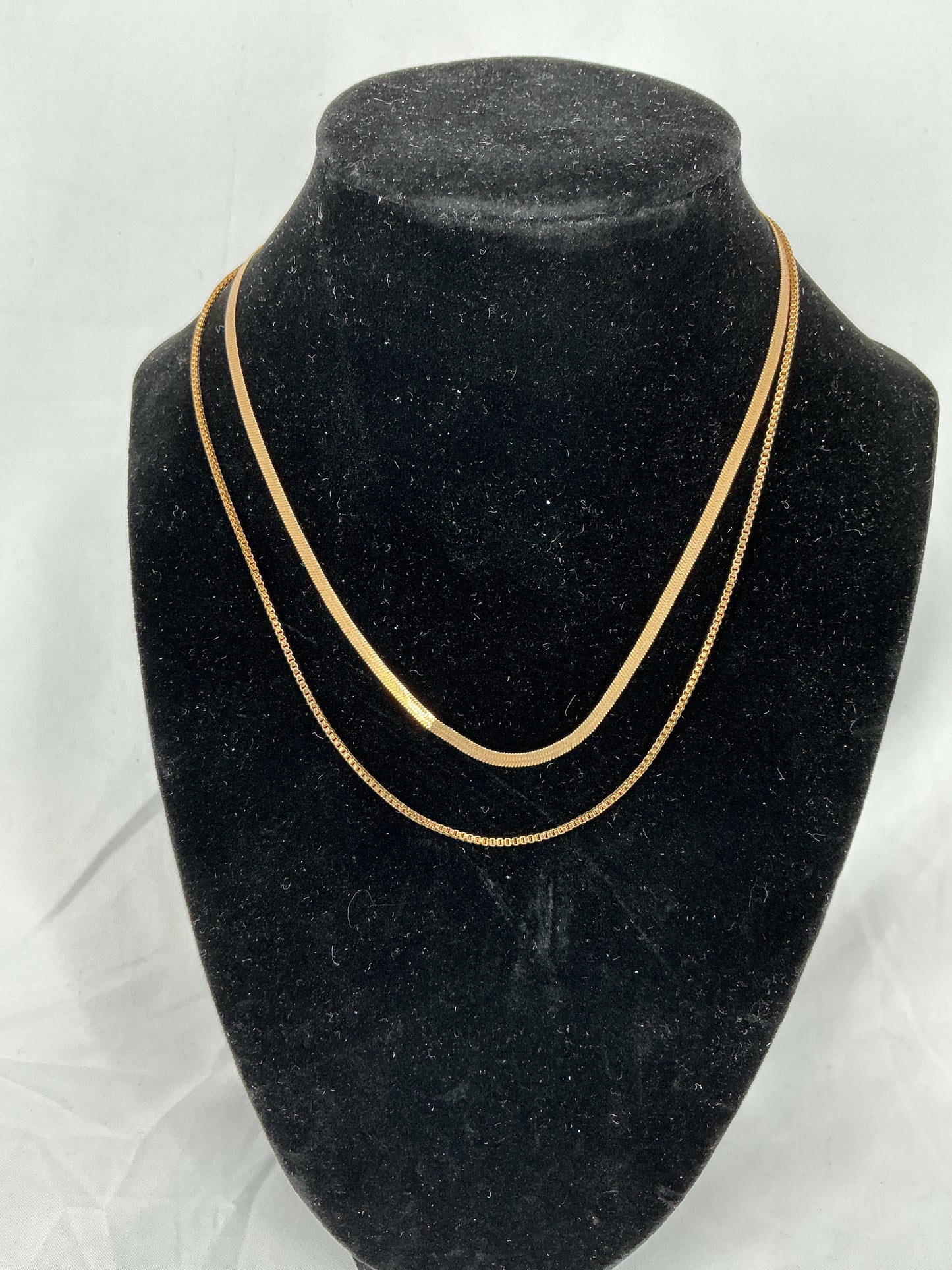 Gold double-layered snake bone and thin square chain necklace
