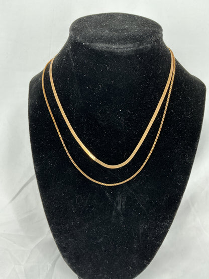 Gold double-layered snake bone and thin square chain necklace