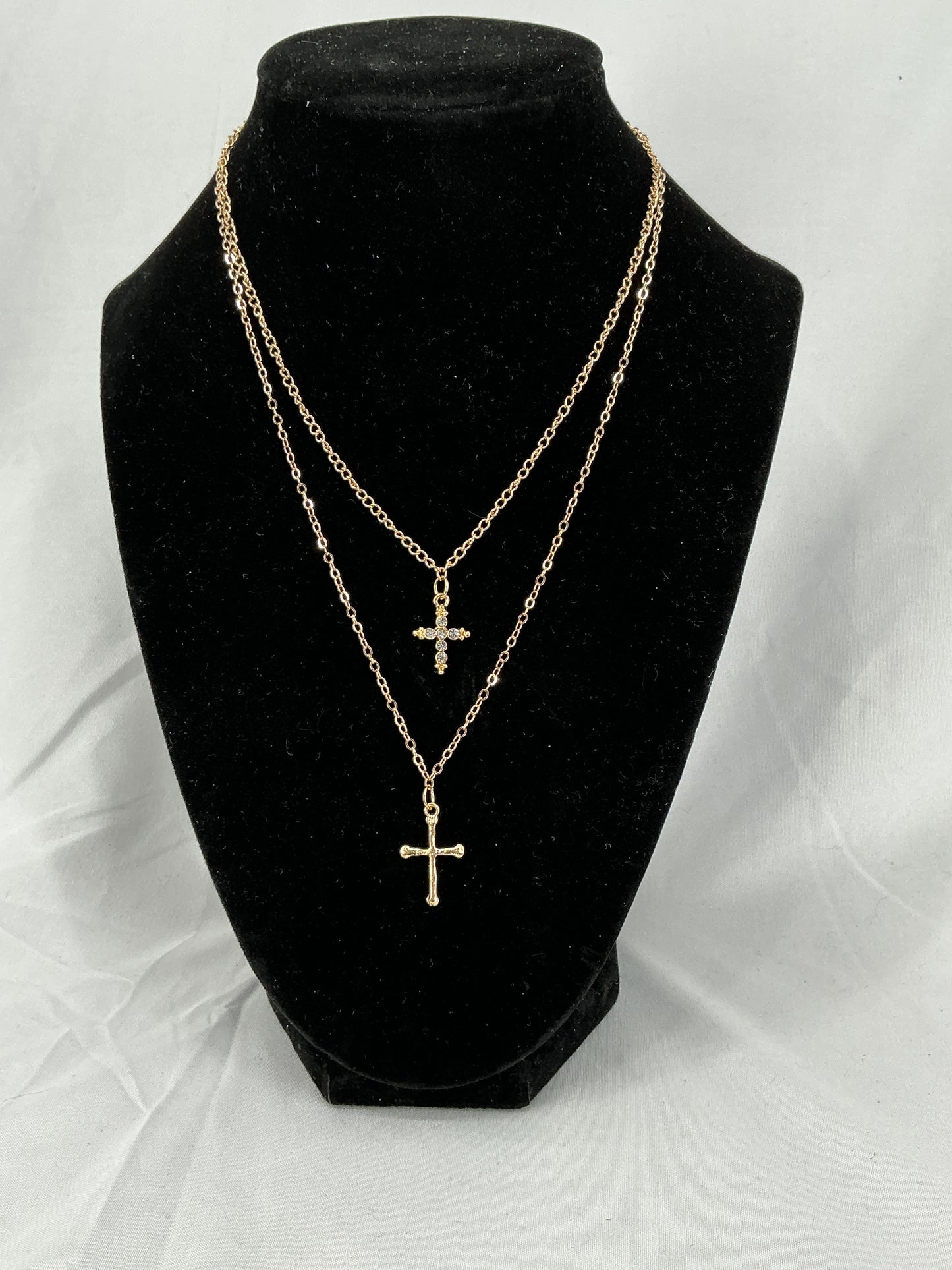 Gold double-layered cross pendant necklace