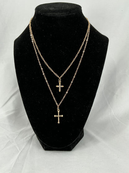 Gold double-layered cross pendant necklace