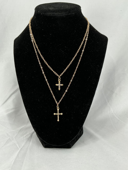 Gold double-layered cross pendant necklace
