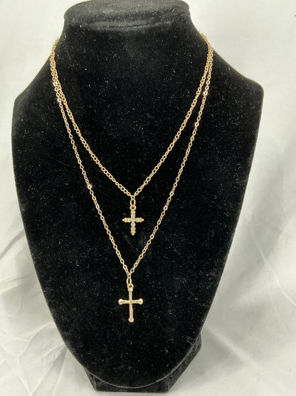 Gold double-layered cross pendant necklace
