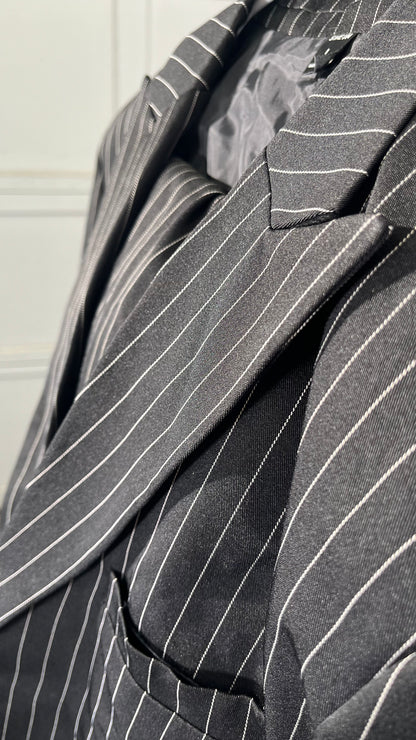 Men's Pinstripe Suit Jacket Slim Fit 2 Piece Stripe Suit Double Breasted Blazer Tuxedo for Wedding Prom Dinner  Size L