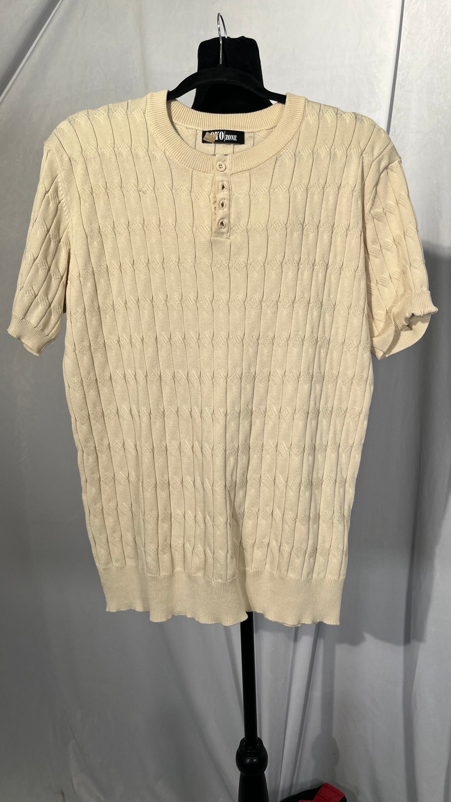 Xingfenly Men' Summer Solid Striped Knitted Breathable Collarless Shirt Half Comfy for Male Vacation  Size NO