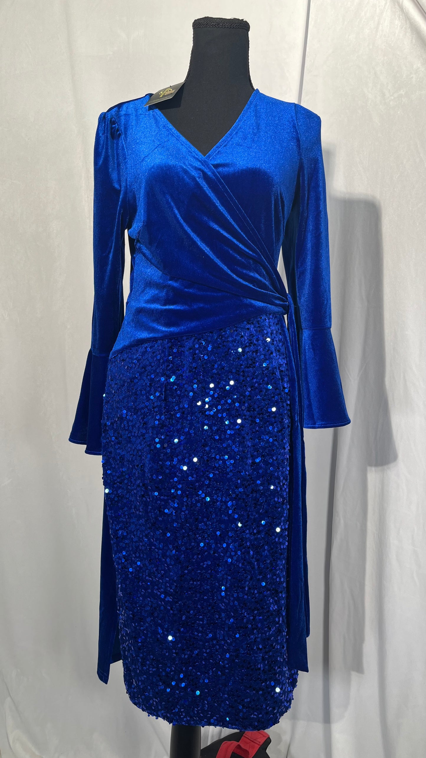 ROYAL MATRIX Women Velvet Dress Wrap V Neck Long Sleeve Maxi Dress Ruched Asymmetrical Midi Dress for Wedding Guest Size M