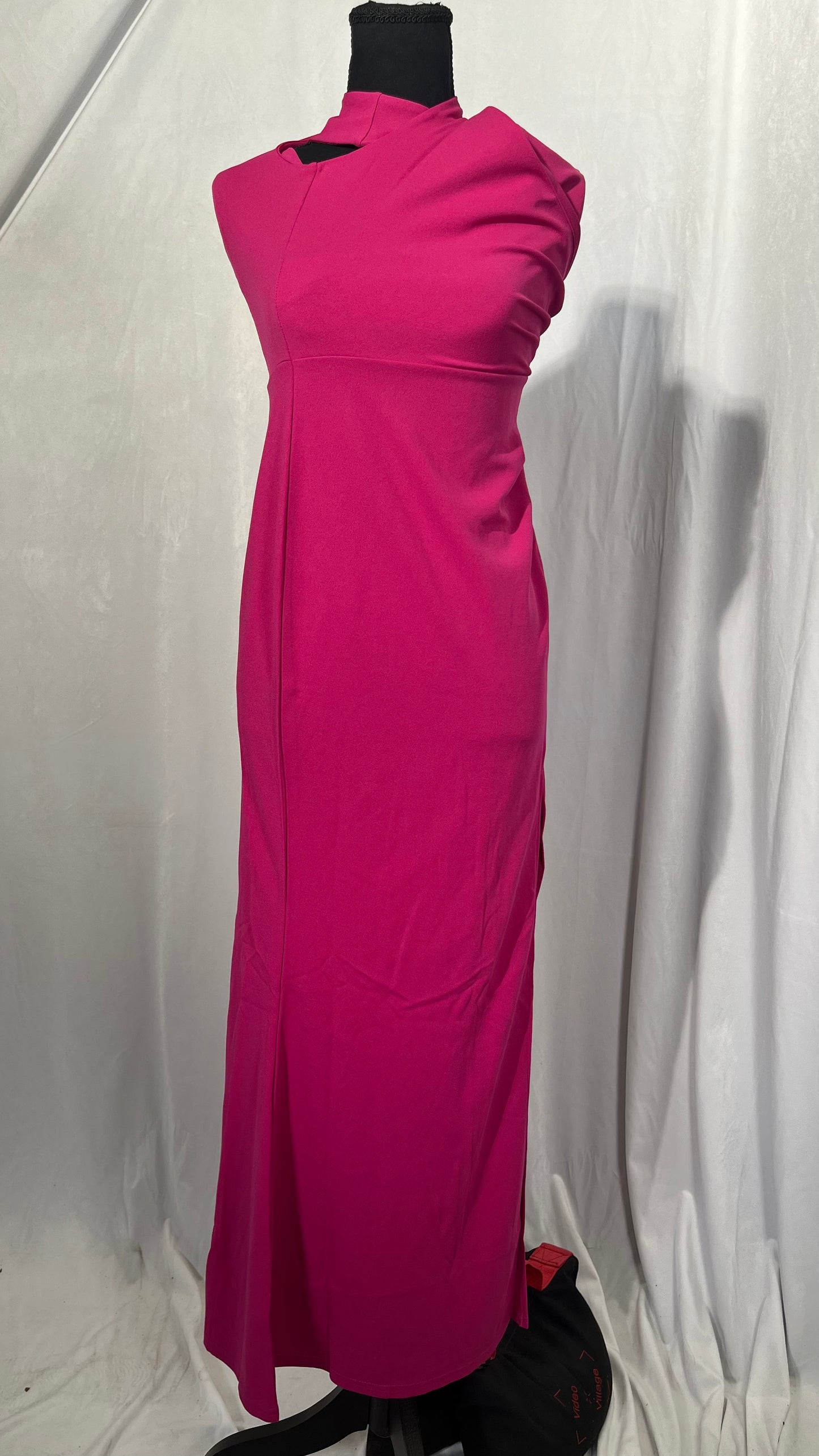 Hot Pink Satin Halter Maxi Bridesmaid Dress Slit Sheath Backless Sleeveless Evening Dress with Sweep Train R30517 Size S