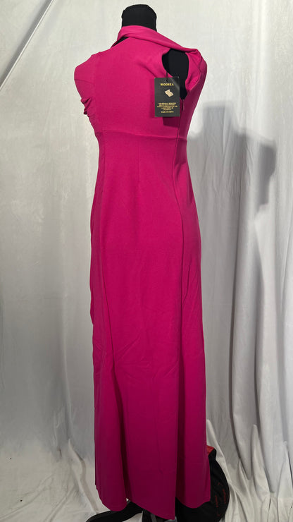Hot Pink Satin Halter Maxi Bridesmaid Dress Slit Sheath Backless Sleeveless Evening Dress with Sweep Train R30517 Size S