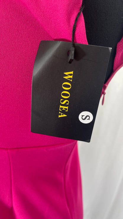 Hot Pink Satin Halter Maxi Bridesmaid Dress Slit Sheath Backless Sleeveless Evening Dress with Sweep Train R30517 Size S