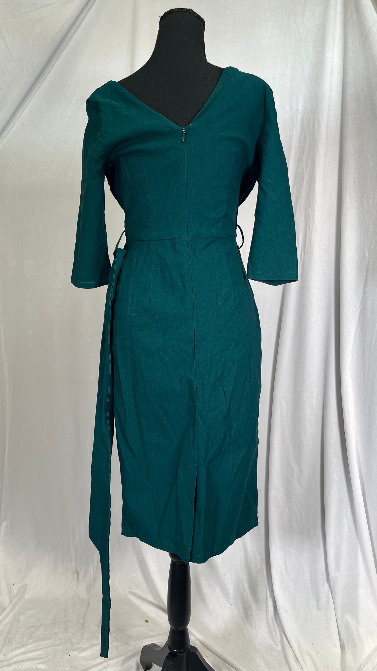 MUXXN Women's Vintage Faux Wrap V Neck 3/4 Sleeve Formal Party Work Dress with Belt, Dark Green, Large Size M