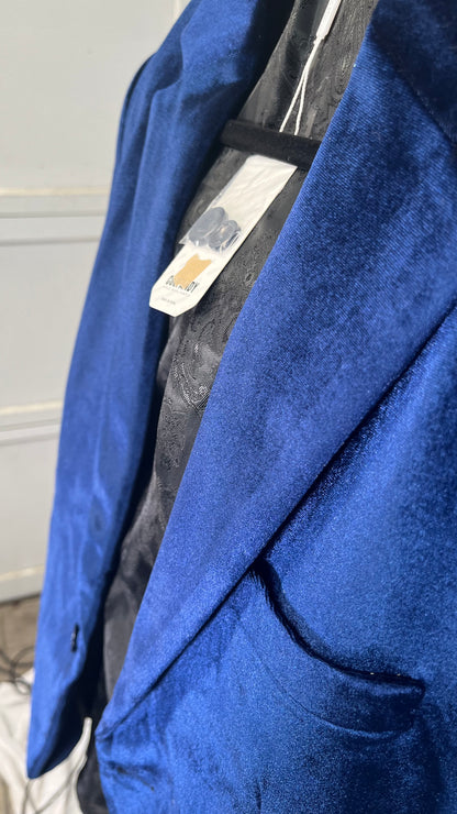 Men's Casual Slim Fit Velvet Party Wear Two Button Blazer Sport Coat Royal Blue Size M