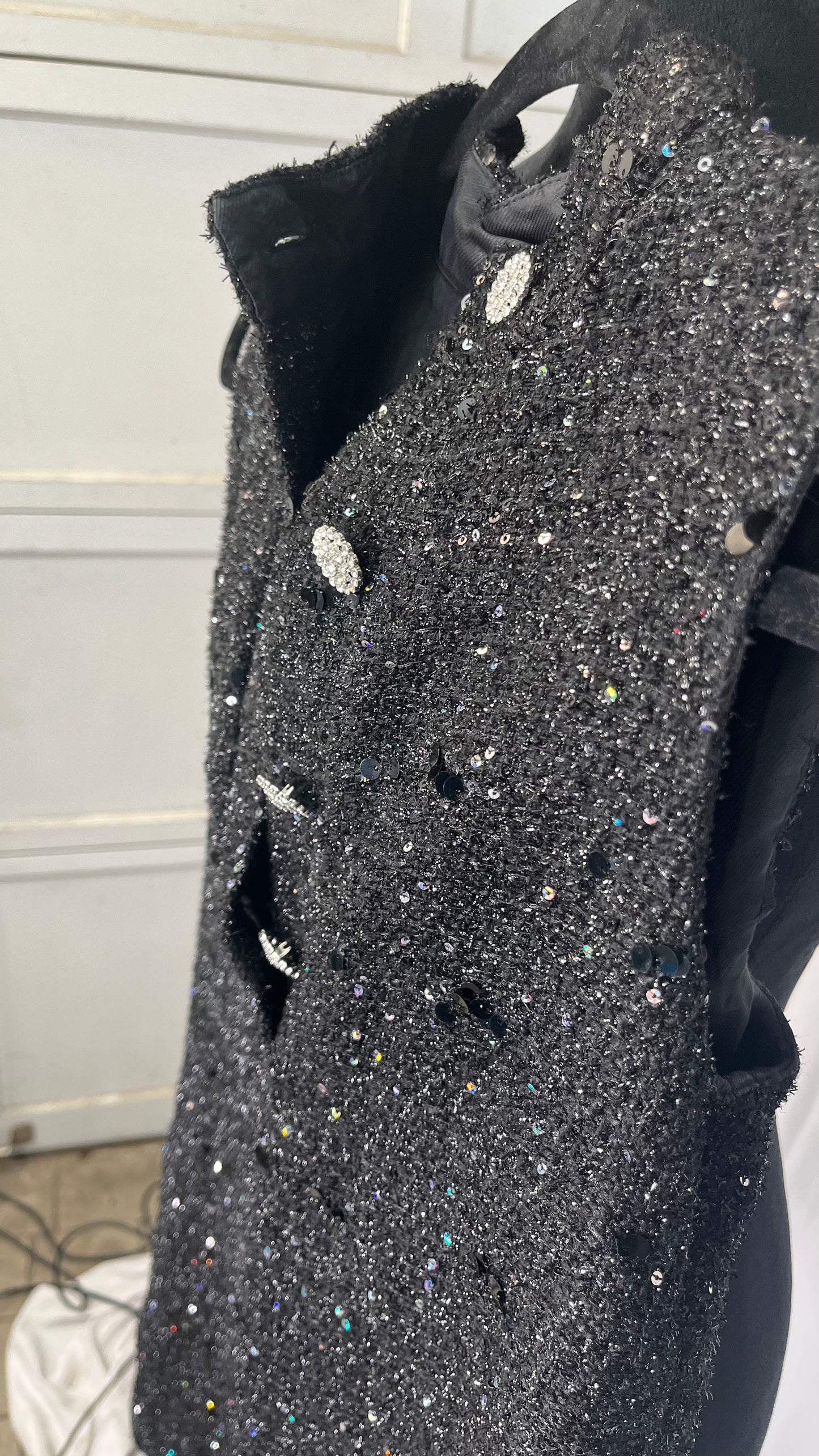 Clown Women's Glitter Tweed Peplum Gilet Sequins Flared Fringe Size S