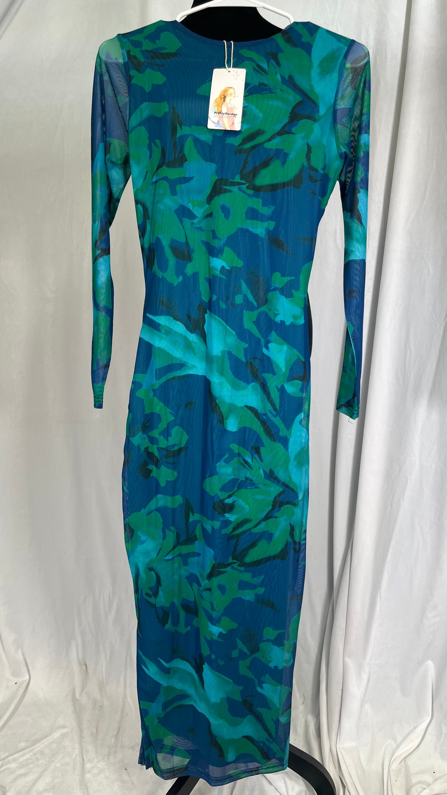 MakeMeChic Women's Elegant Tie Dye Mesh Ruched Long Sleeve Round Neck Bodycon Midi Long Dresses  Size S