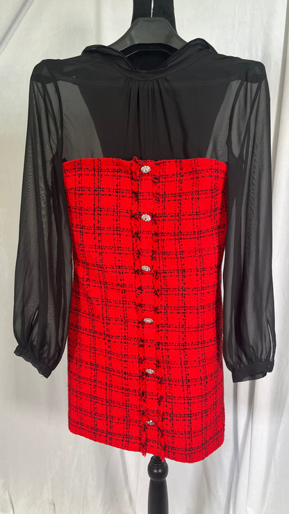 HH TRAF 2024 Women's Long Dress, Red, Plaid, Round Neck, Long Sleeves, Single Breasted, Decoration, Zipper, Autumn Dress for Women, Fashion Size S