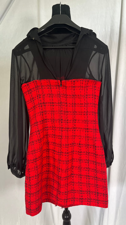 HH TRAF 2024 Women's Long Dress, Red, Plaid, Round Neck, Long Sleeves, Single Breasted, Decoration, Zipper, Autumn Dress for Women, Fashion Size S