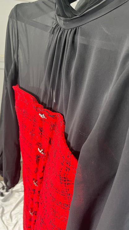 HH TRAF 2024 Women's Long Dress, Red, Plaid, Round Neck, Long Sleeves, Single Breasted, Decoration, Zipper, Autumn Dress for Women, Fashion Size S