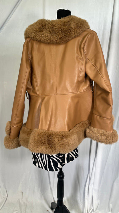 Aunaeyw Women Faux Fur Leather Jacket Faux Fur Open Front Casual Furry Collar Short Parka Coat Warm Cardigan with Belt Size M