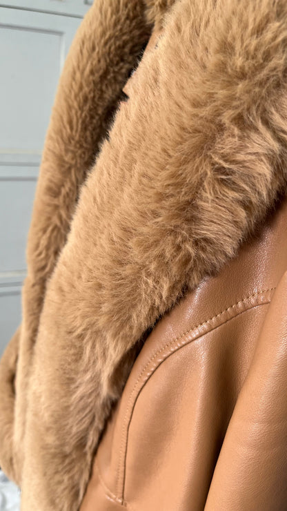 Aunaeyw Women Faux Fur Leather Jacket Faux Fur Open Front Casual Furry Collar Short Parka Coat Warm Cardigan with Belt Size M