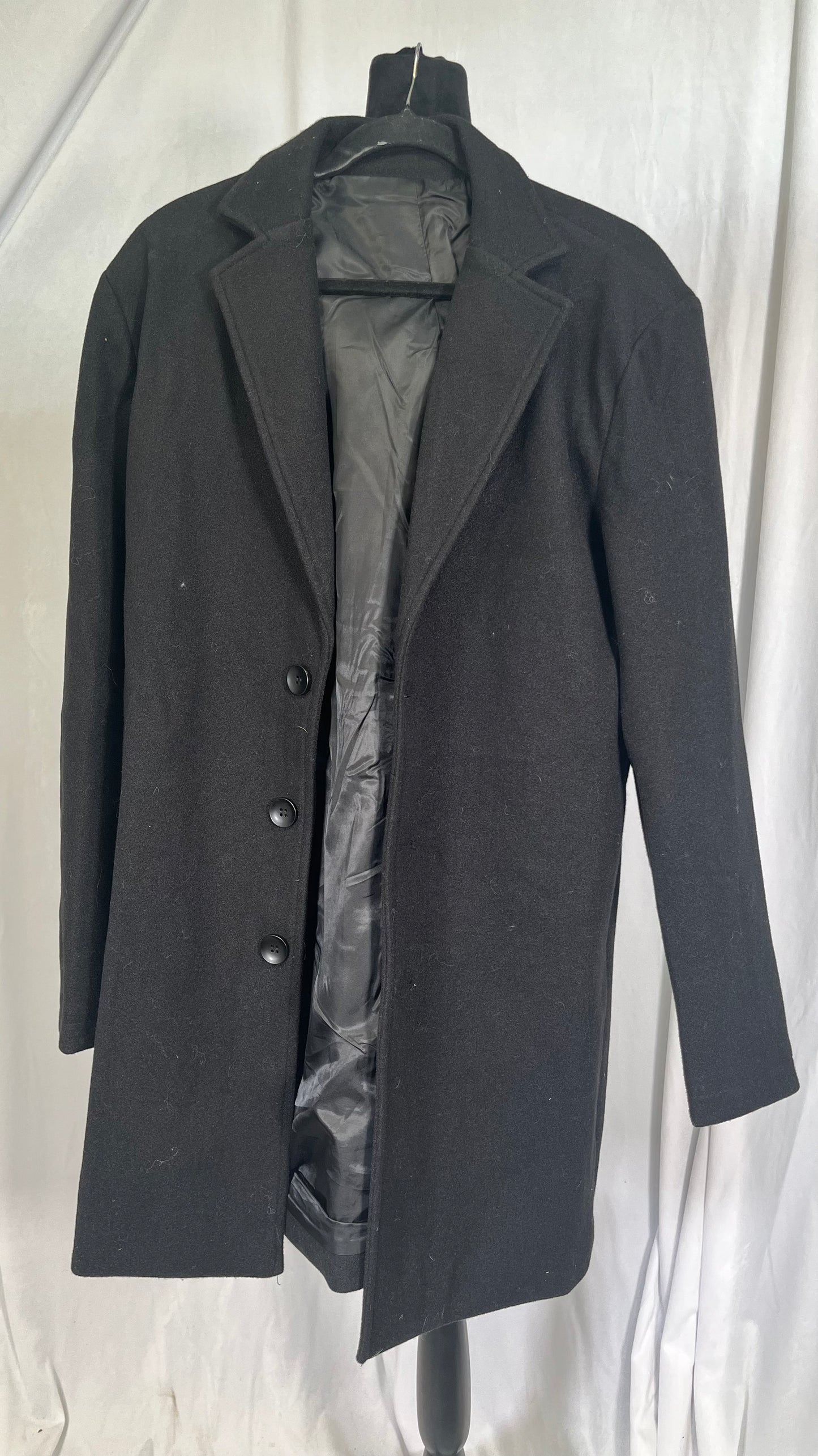 Men Wool Blend Coats Single Breasted Trench Coat Notched Collar Overcoat Winter Mid Length Pea Coat, Dark Gray  Size L