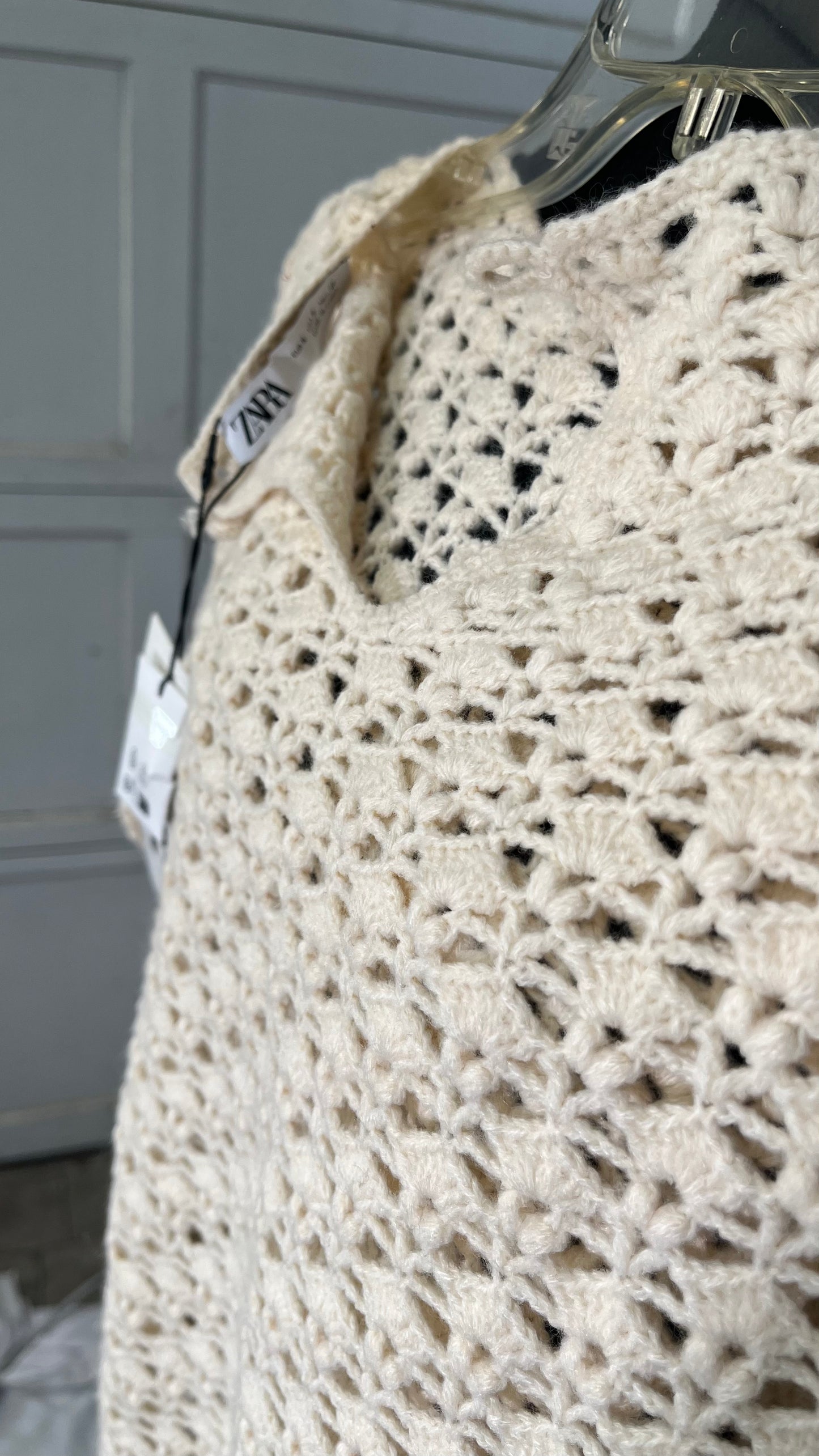 ZARA Women's Crewneck Sweater Top Crochet Lightweight Hollow Out Mesh Knit Sweater Sexy Loose Long Sleeve Pullover Top Size S