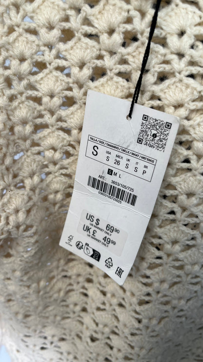 ZARA Women's Crewneck Sweater Top Crochet Lightweight Hollow Out Mesh Knit Sweater Sexy Loose Long Sleeve Pullover Top Size S