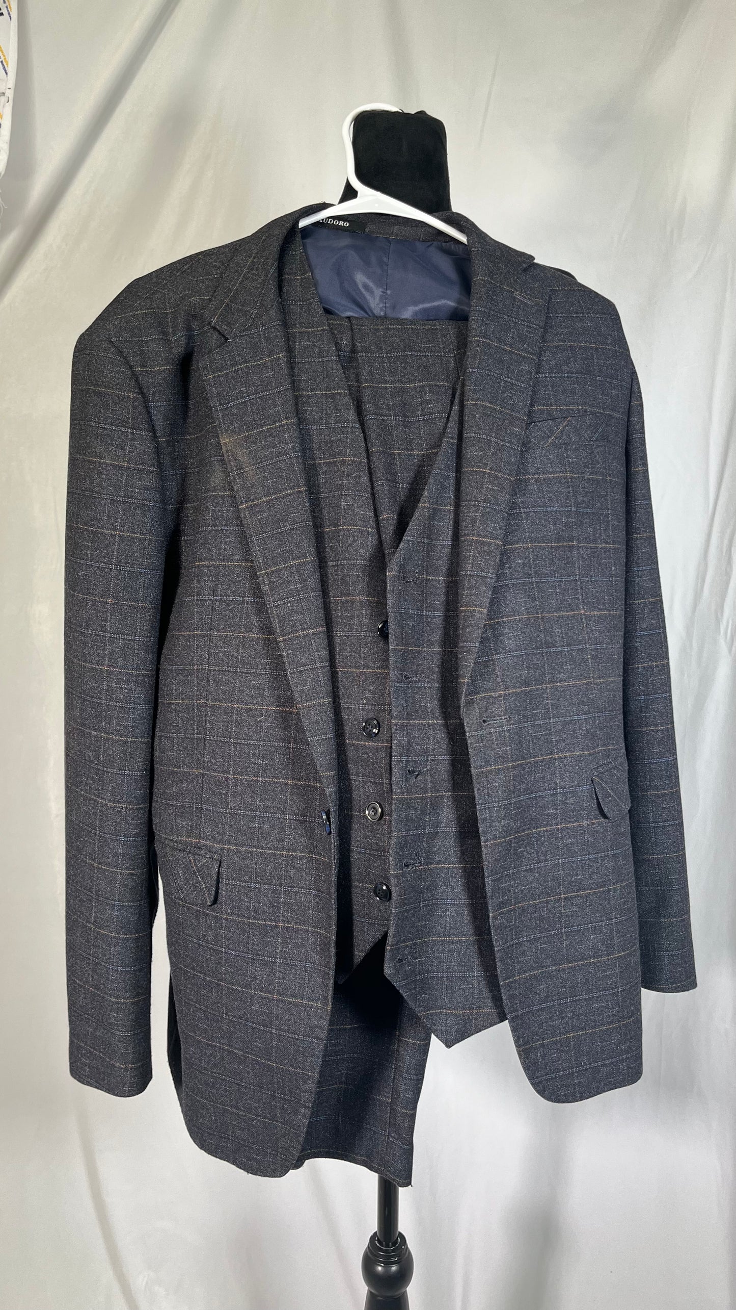 Short Navy Checkered Suits Vest Trousers Size M