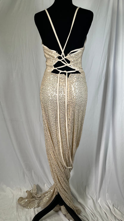 Women's Spaghetti Strap Satin Cowl Neck Corset Dress Fishbone High Slit Sexy Prom Silk Maxi Party Bustier DressSize 8