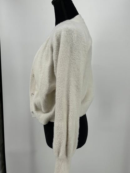 Women's White Fuzzy Knit Set with Camisole and Cardigan – Size M