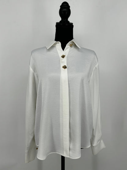 Women's White Longline Button-Up Shirt – Size Small