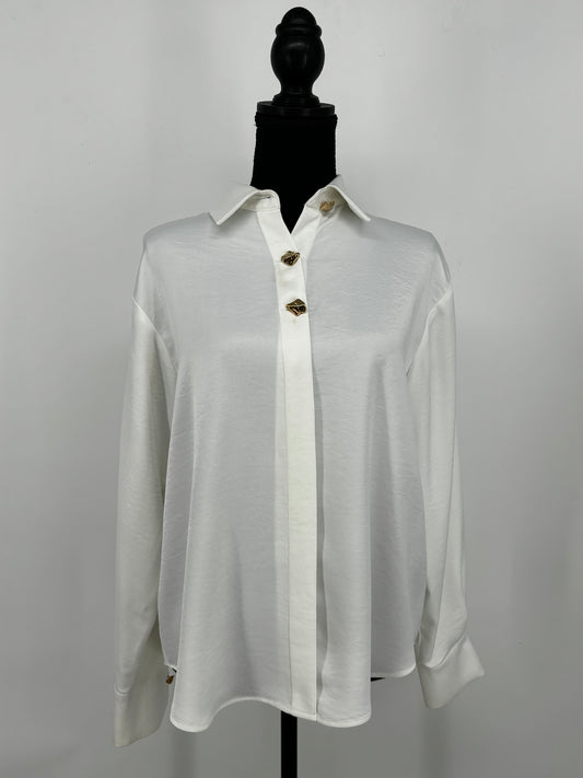 Women's White Longline Button-Up Shirt – Size Small