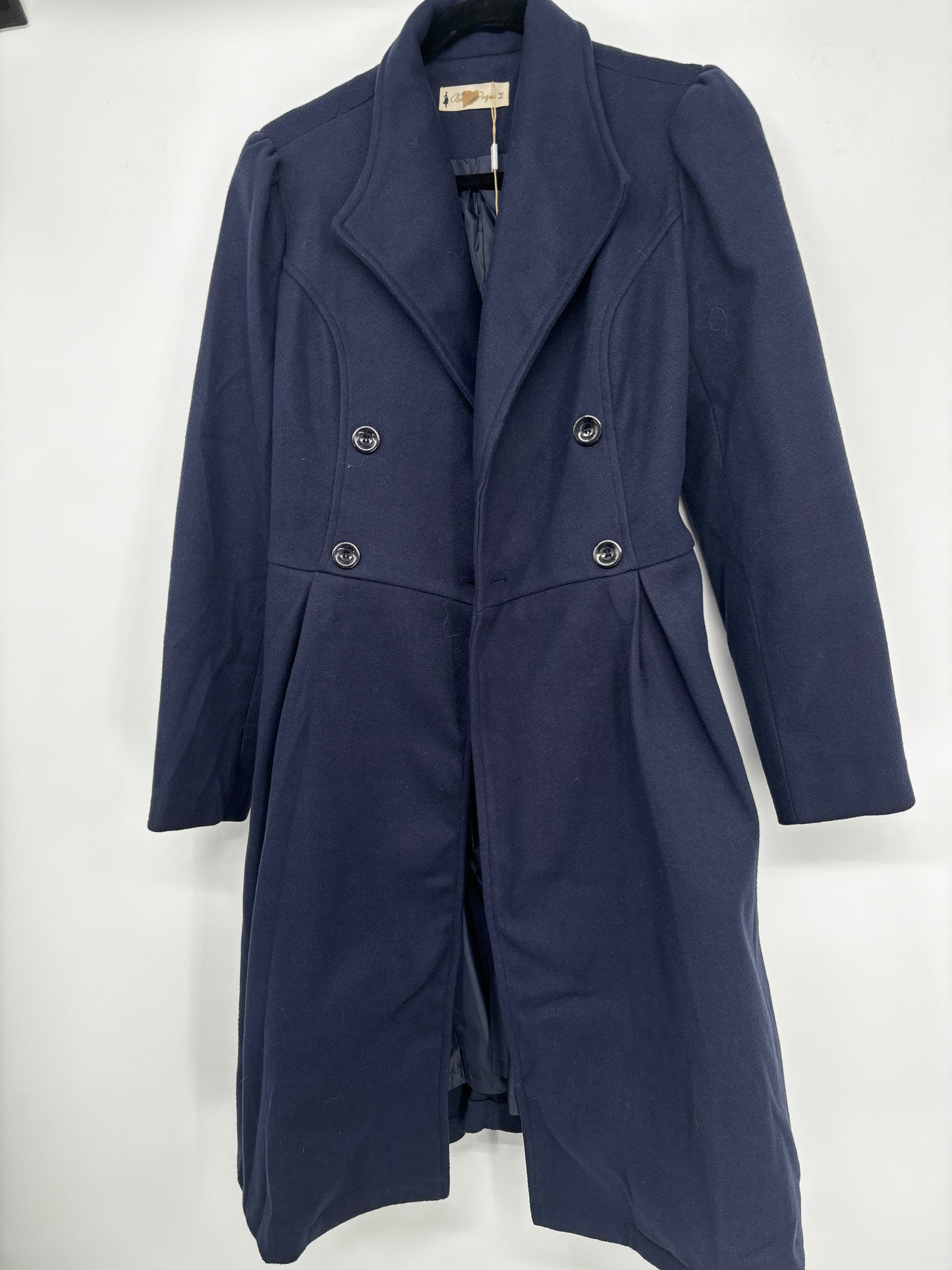Men’s Navy Blue Double-Breasted Long Coat – Size M