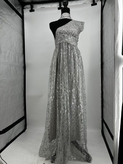 Women's Glitter Sequin One Shoulder Prom Dress with Slit Long A Line Formal Evening Party Gown Size S