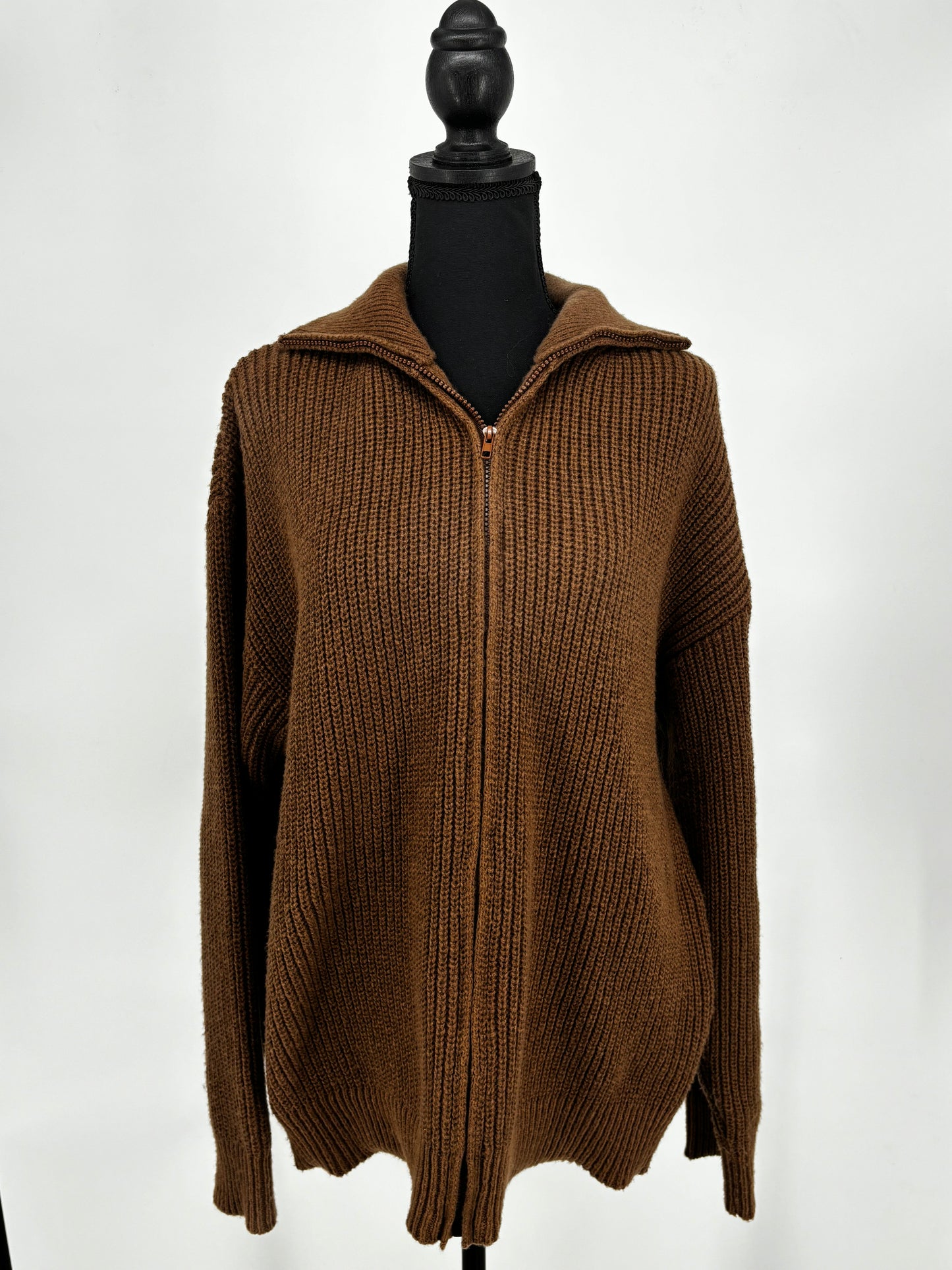 Women’s Brown Zip-Up Knit Cardigan with Lapel size xl