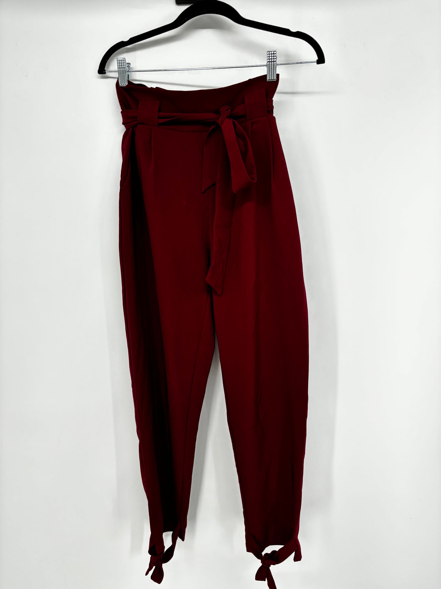 Women’s Deep Red High-Waisted Wide-Leg Pants with Belt – Size S