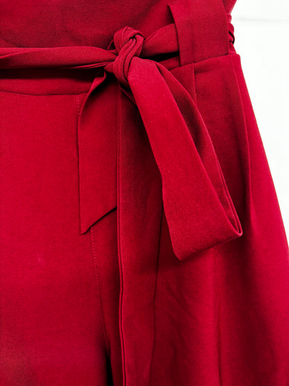 Women’s Deep Red High-Waisted Wide-Leg Pants with Belt – Size S