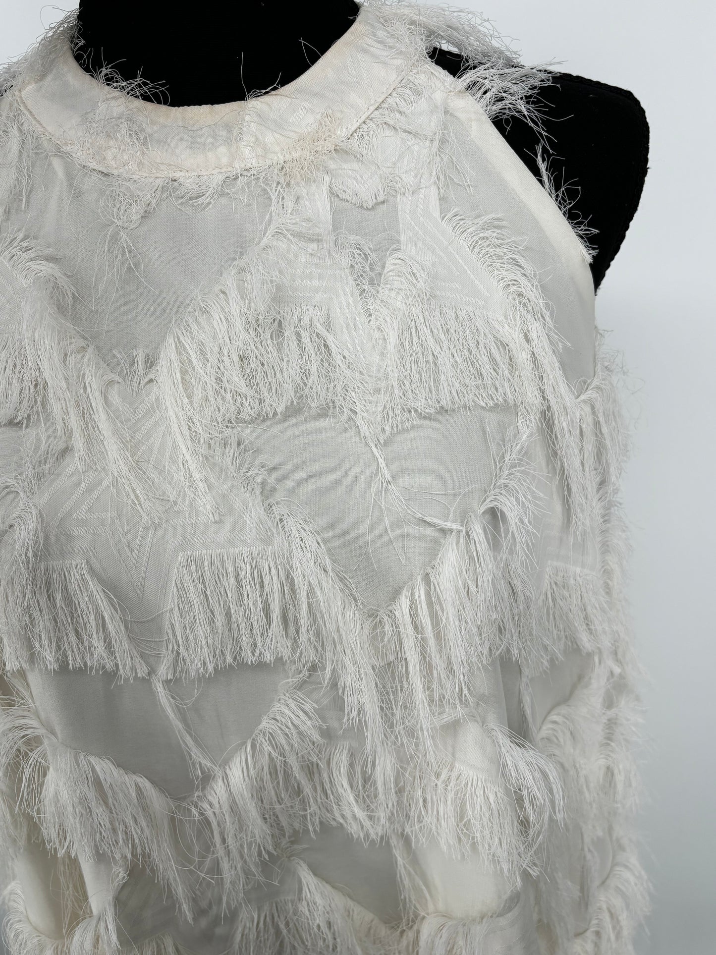 Women’s White Sleeveless Top with Fringe Details size m