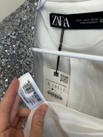 Zara Women’s Silver Sequin V-Neck Blazer size s