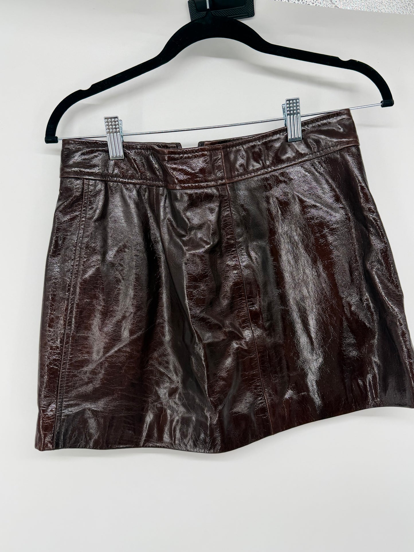 Women's Glossy Brown Leather Mini Skirt – Size S