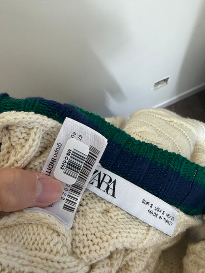 ZARA Women's Knit Cardigan – Cream & Dark Green, Size S