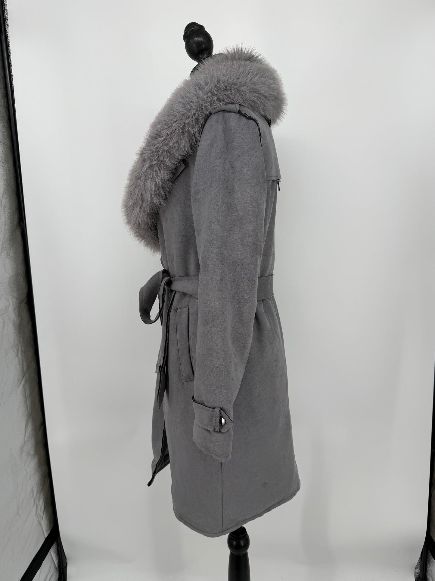Women's Gray Fur Collar Coat – Size S