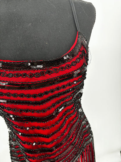 Women's Red Cami Top with Black Sequin Fringe Skirt – Size S