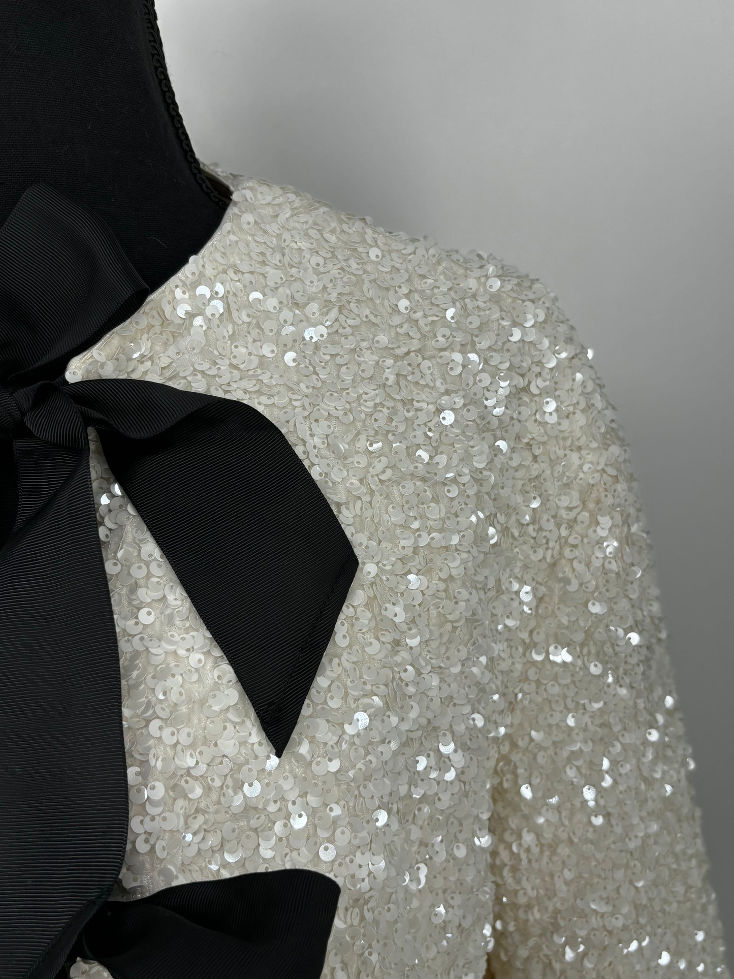 Women’s White Sequin Jacket with Black Bow – Size L