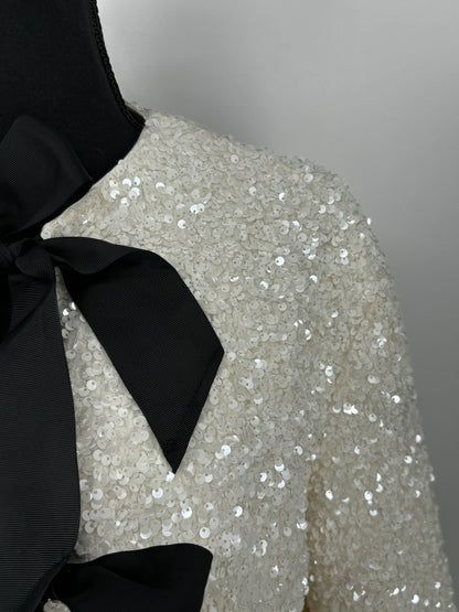 Women’s White Sequin Jacket with Black Bow – Size L