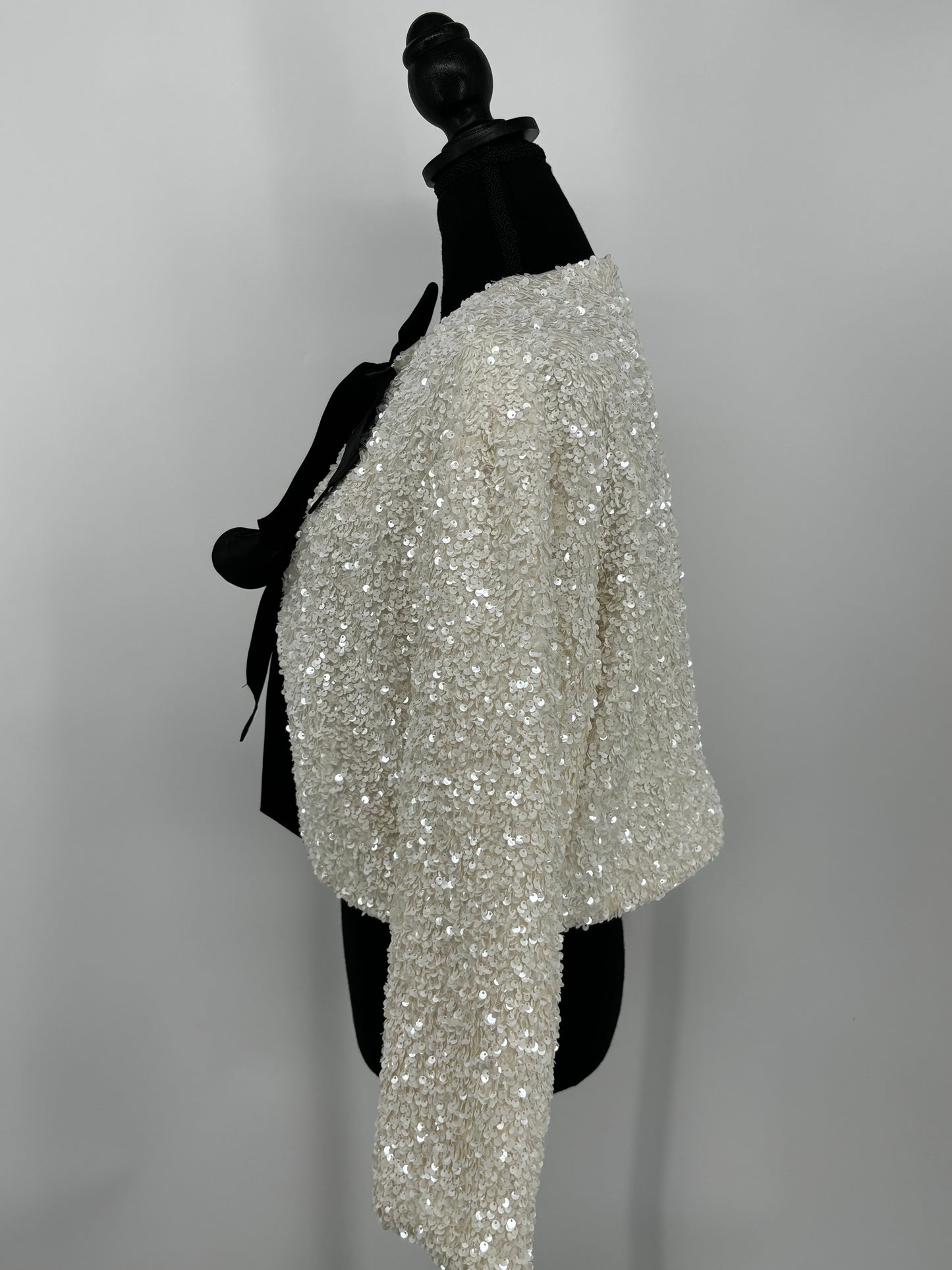 Women’s White Sequin Jacket with Black Bow – Size L