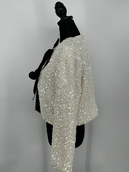 Women’s White Sequin Jacket with Black Bow – Size L