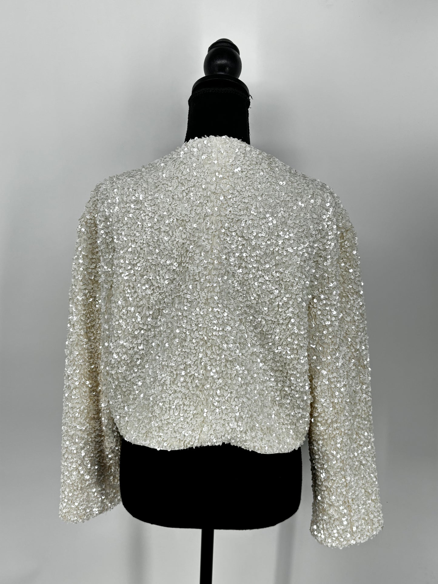 Women’s White Sequin Jacket with Black Bow – Size L